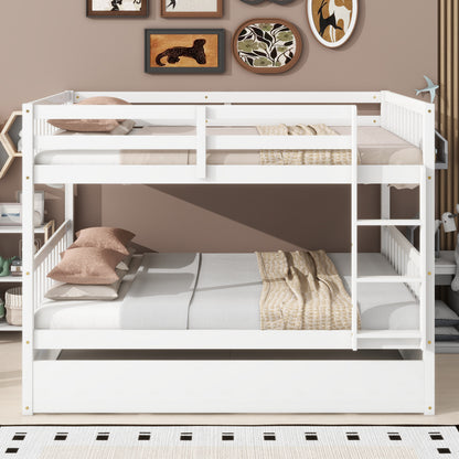 Full Over Full Rubber Wood Bunk Bed with Trundle, Ladder and Guardrails, Convertible to 2 Full Size Beds, with Twin Size Trundle, White