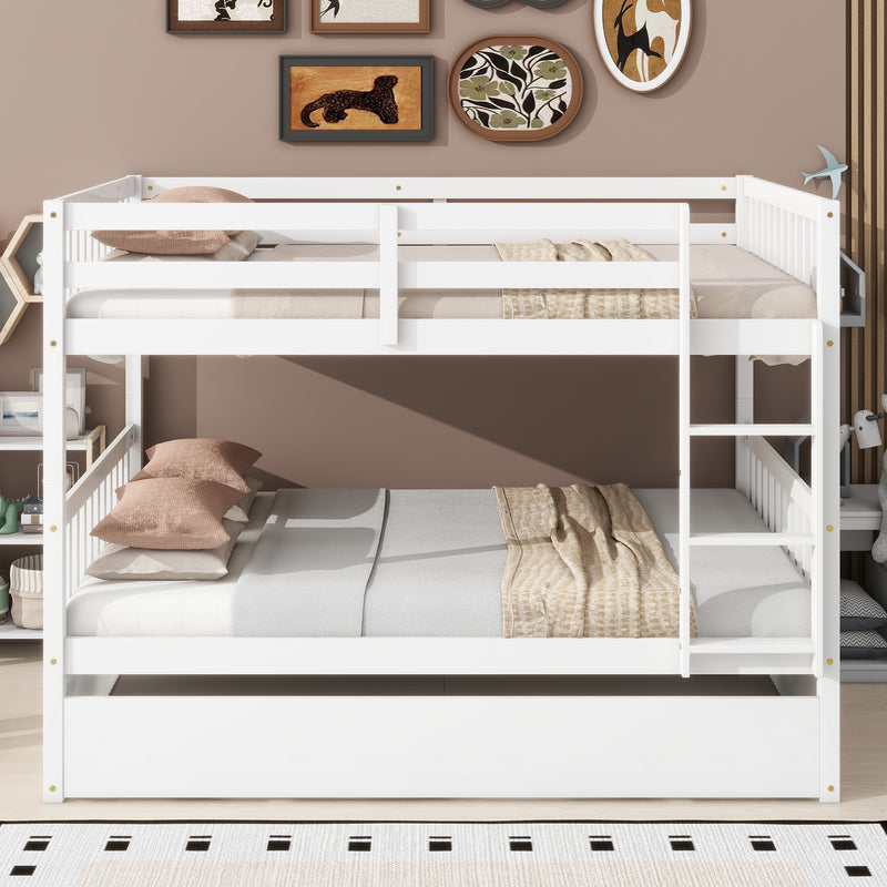 Full Over Full Rubber Wood Bunk Bed with Trundle, Ladder and Guardrails, Convertible to 2 Full Size Beds, with Twin Size Trundle, White
