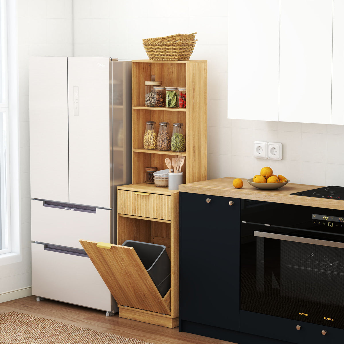 Light brown fluted storage cabinet with open shelves and lower bin door open in a kitchen