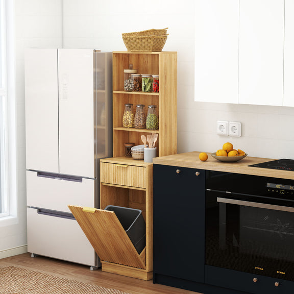 Light brown fluted storage cabinet with open shelves and lower bin door open in a kitchen