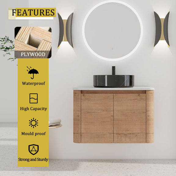 Wall-mounted bathroom vanity with black vessel sink and two-door light wood cabinet