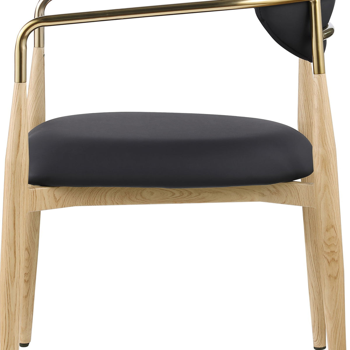 Dining arm chair with black upholstery seat and back, light wood legs, gold-tone arm frame