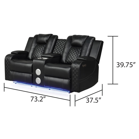 Black power reclining loveseat with two padded headrests and blue LED light strip