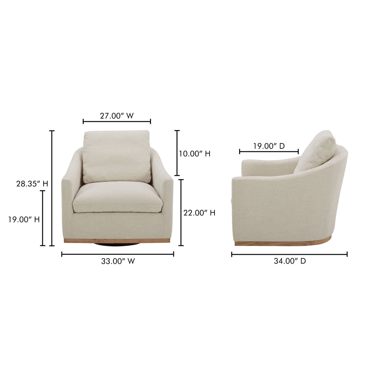Beige fabric swivel chair in angled view with wooden base and wide arms