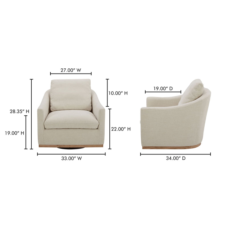 Beige fabric swivel chair in angled view with wooden base and wide arms
