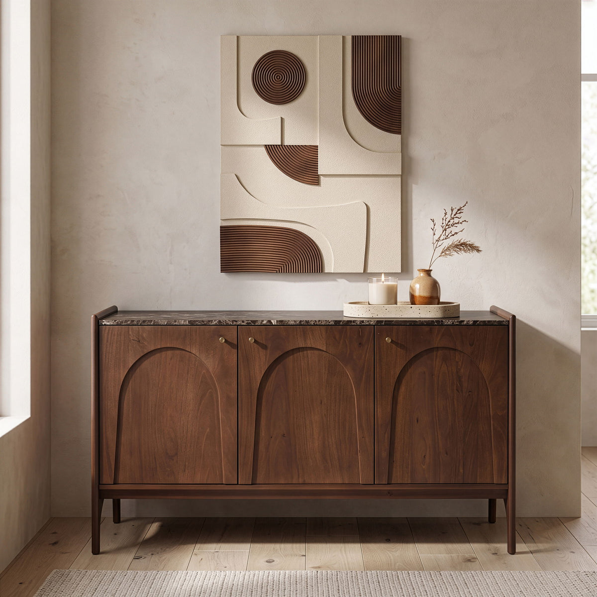 Marble-topped dark brown sideboard with three doors featuring arched carved panels