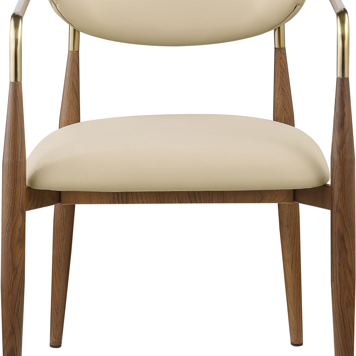 Beige upholstered dining arm chair with gold arms and walnut-style wooden legs