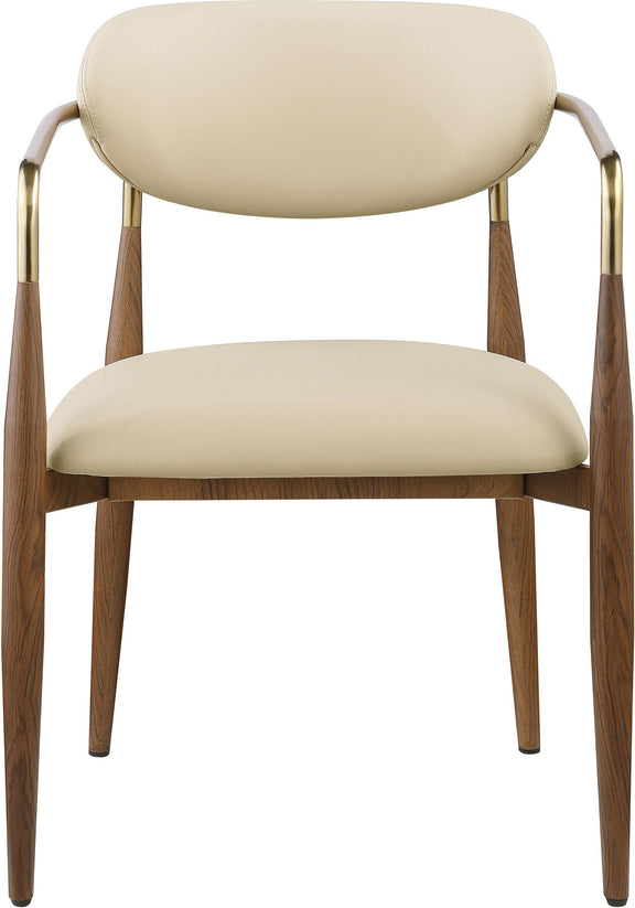 Beige upholstered dining arm chair with gold arms and walnut-style wooden legs