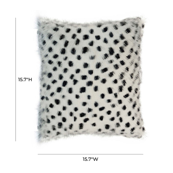 White goatskin-look pillow with black spotted pattern, square, plush fur