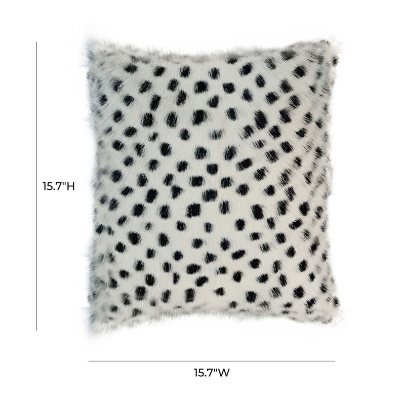 White goatskin-look pillow with black spotted pattern, square, plush fur
