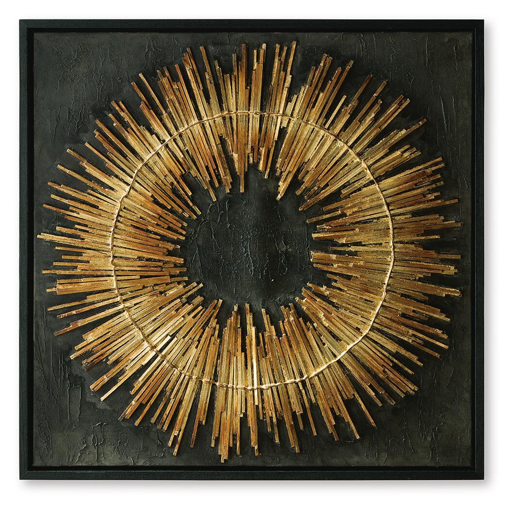 Black framed wall art with gold radial metal rod circle on dark textured background