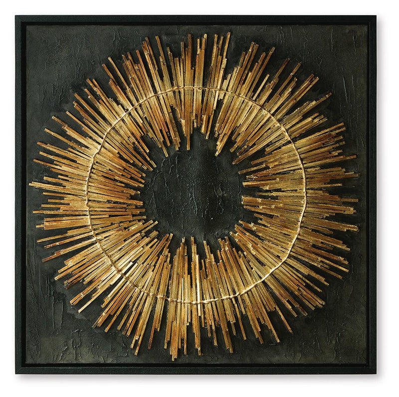 Black framed wall art with gold radial metal rod circle on dark textured background