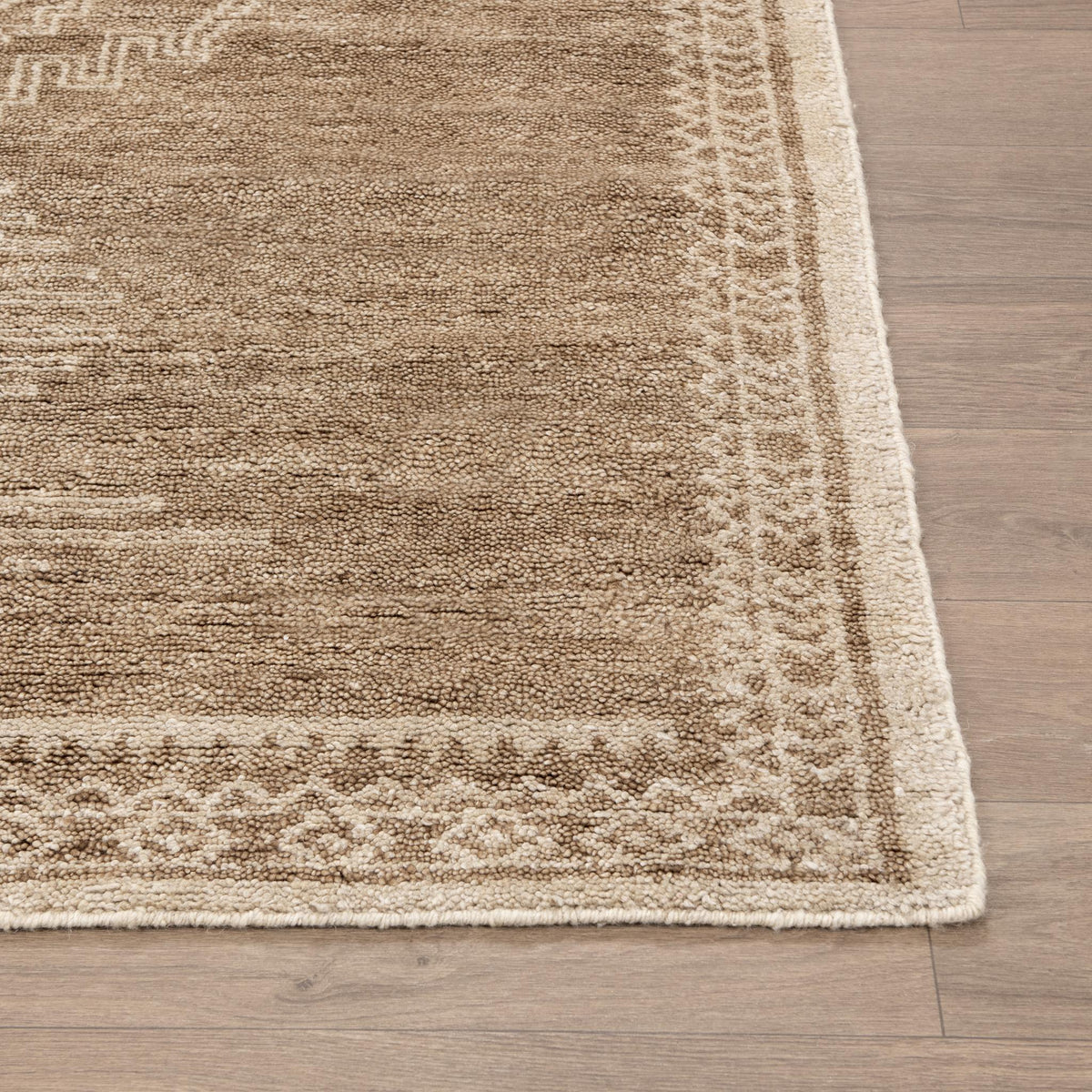 Desert brown rug corner with light geometric border and textured pile.