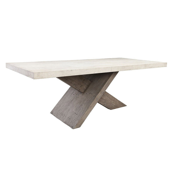 Distressed gray dining table with light gray top and cross-braced trestle base