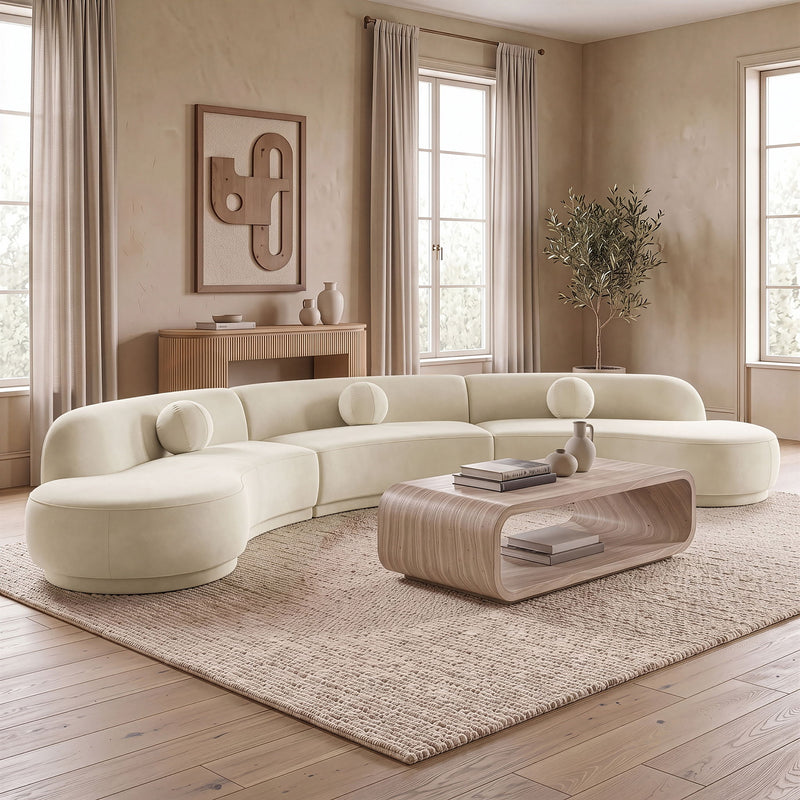 Velvet sectional sofa, cream beige, rounded chaise, button-tufted cushions