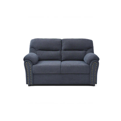 Dark blue loveseat with rolled arms, two back cushions, and nailhead trim on posts