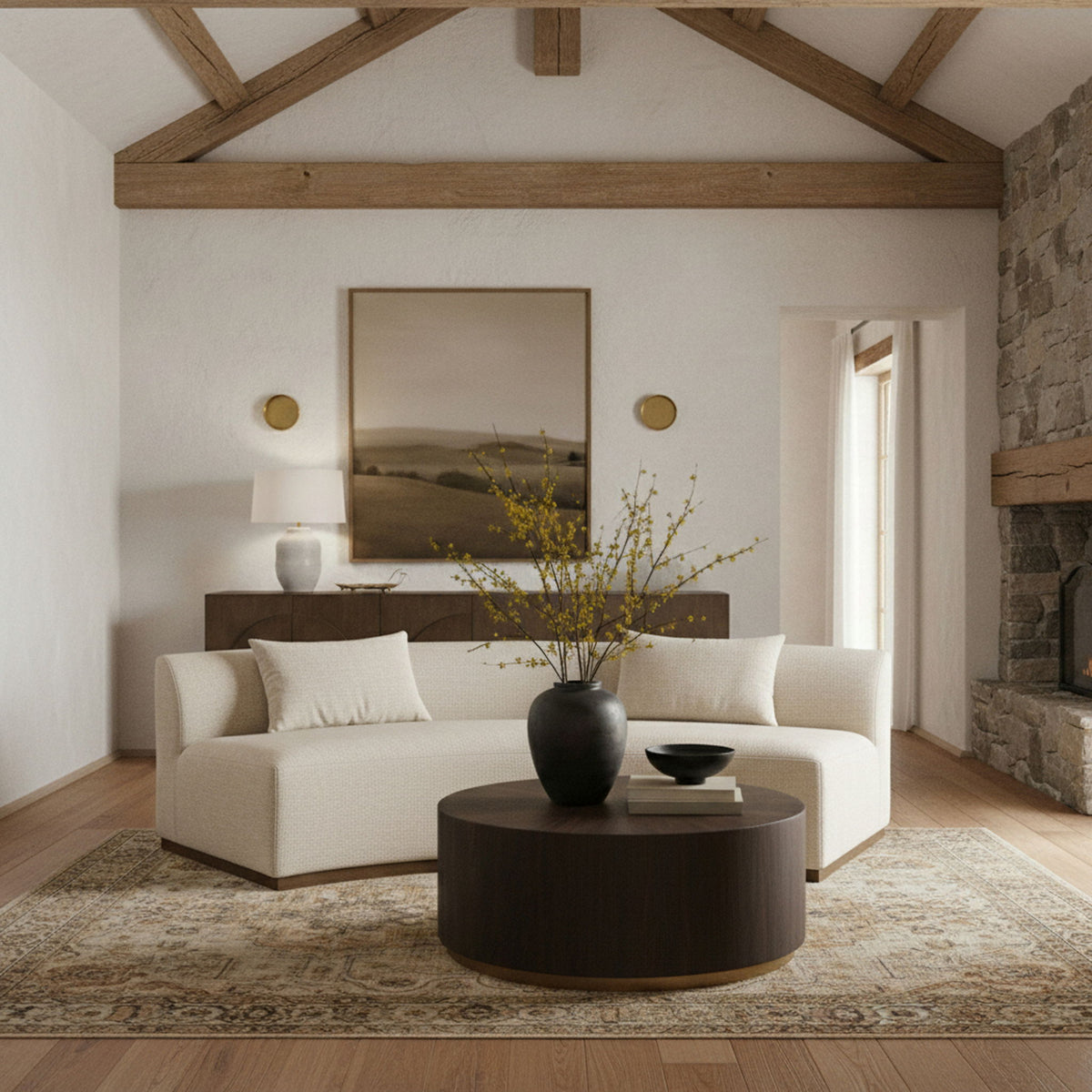 104-inch chenille upholstered sofa in light beige fabric with two back cushions and dark base.