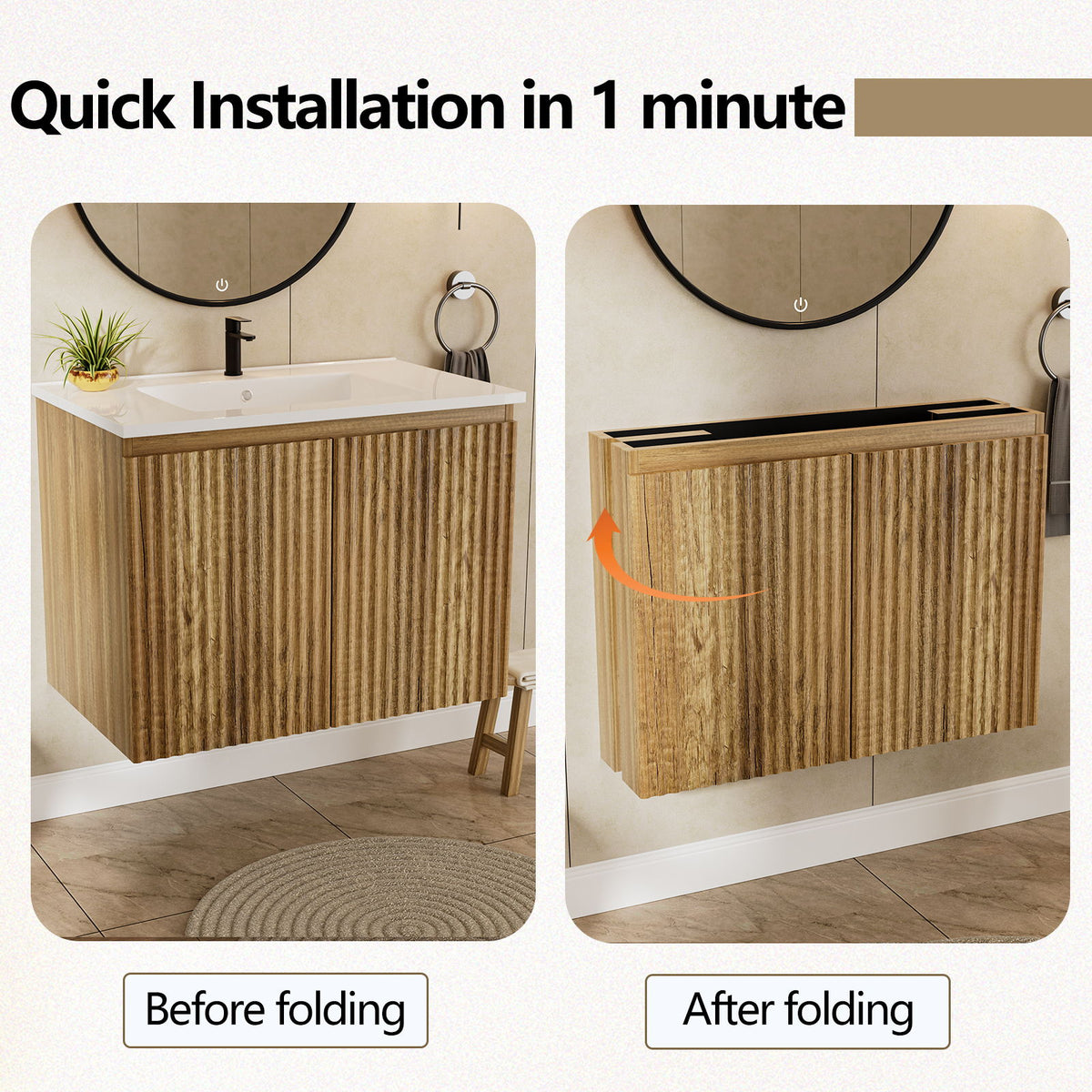 Light wood folding wall cabinet with integrated sink shown folded and unfolded