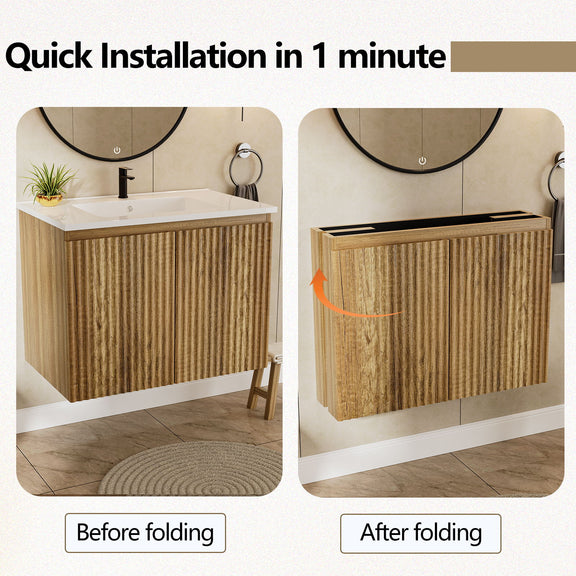 Light wood folding wall cabinet with integrated sink shown folded and unfolded