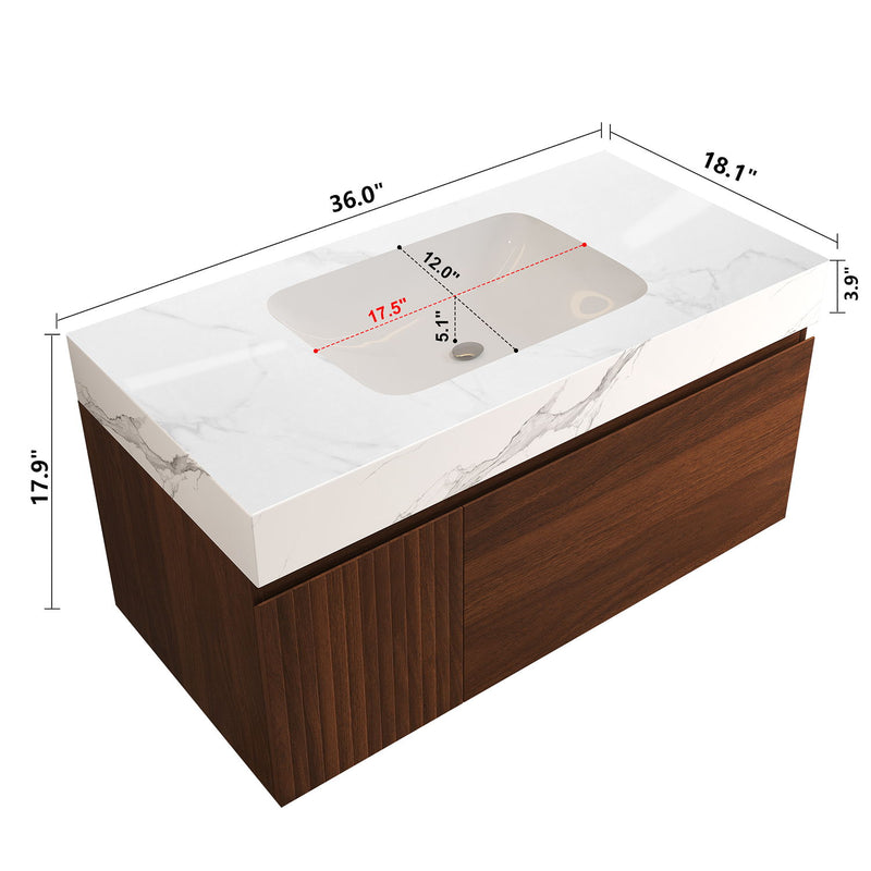 Wall-mounted walnut vanity with basin; dimensions shown for the top and cabinet