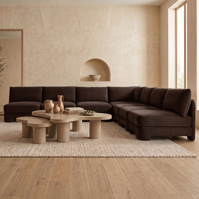 Dark brown armless velvet sectional sofa with chaise and ottoman-style seats, 7-piece set