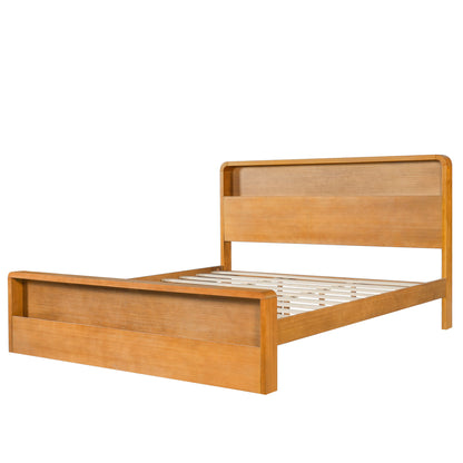 Light brown bed frame with rounded headboard and open storage footboard
