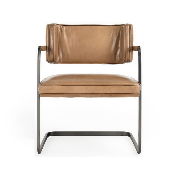 Tan upholstered dining chair with cushioned seat and back, straight metal legs.