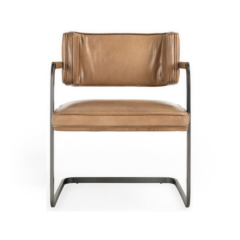 Tan upholstered dining chair with cushioned seat and back, straight metal legs.
