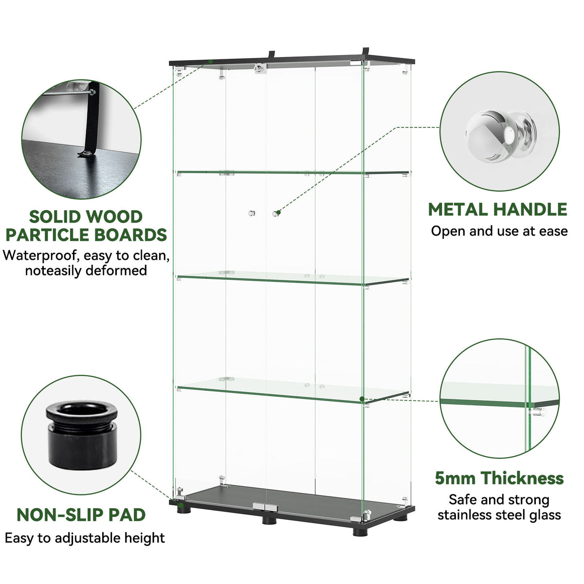 Black glass display cabinet with double doors, metal handles, and adjustable glass shelves.