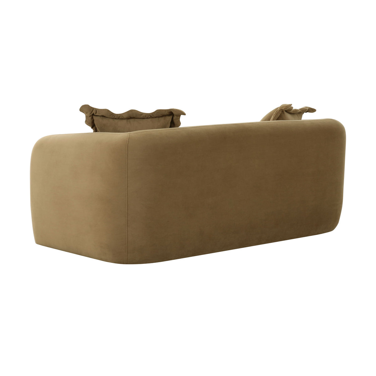Light brown fabric loveseat with rounded arms and two back throw pillows