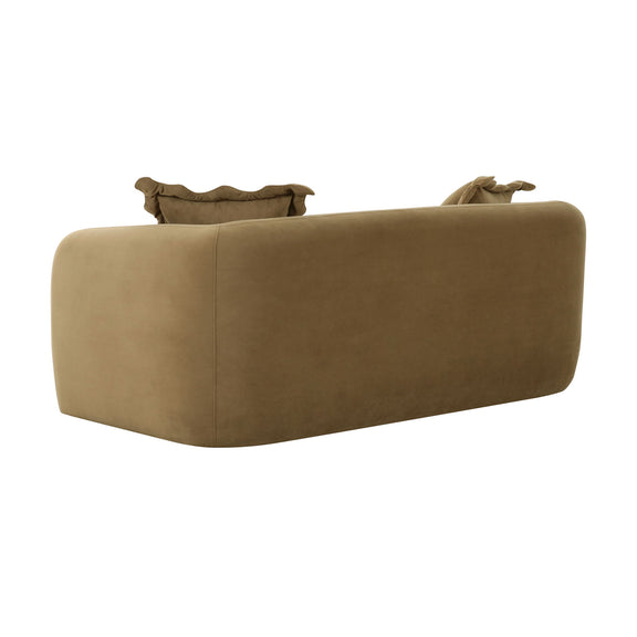 Light brown fabric loveseat with rounded arms and two back throw pillows