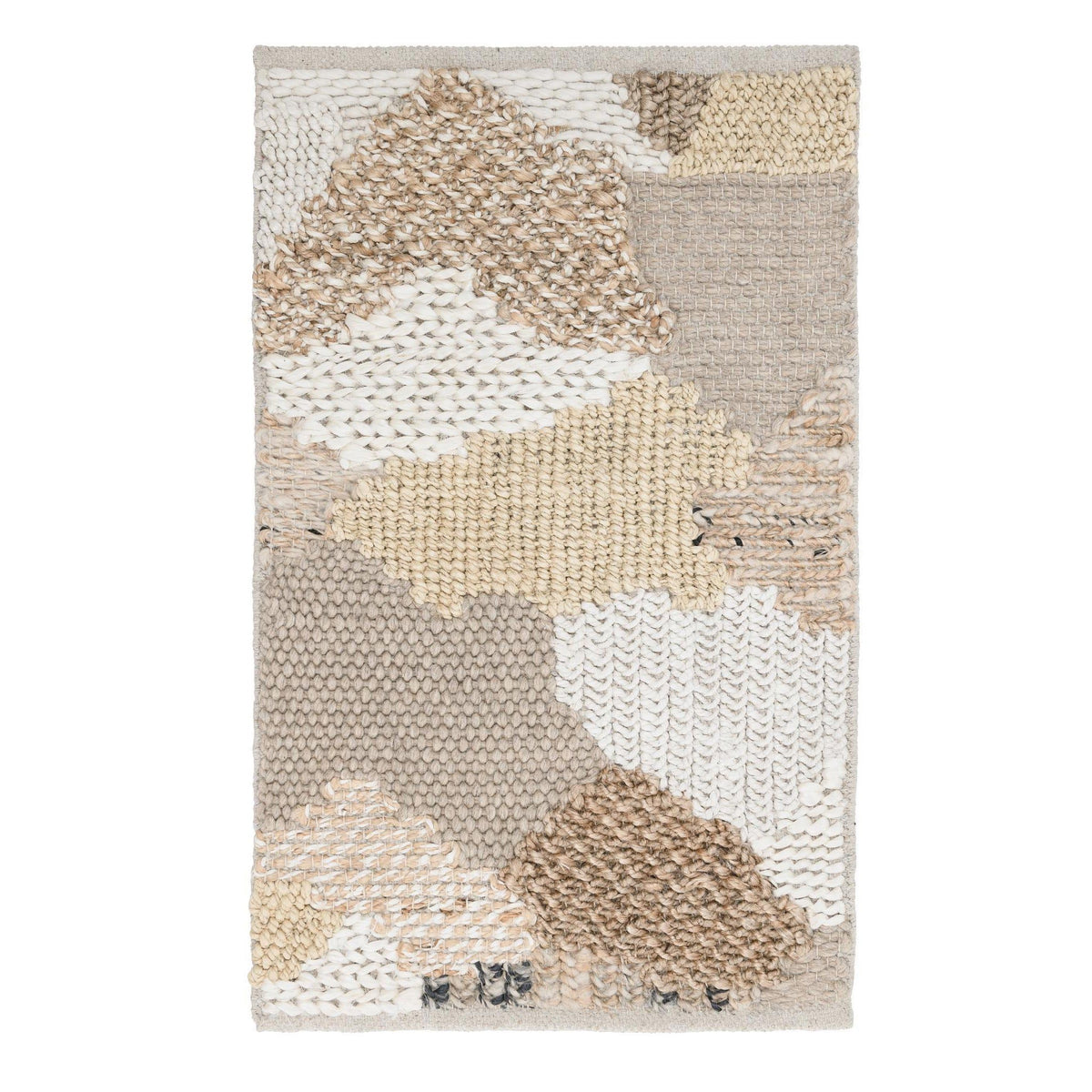Bondo rug featuring layered textured patchwork in natural tan, beige, and white
