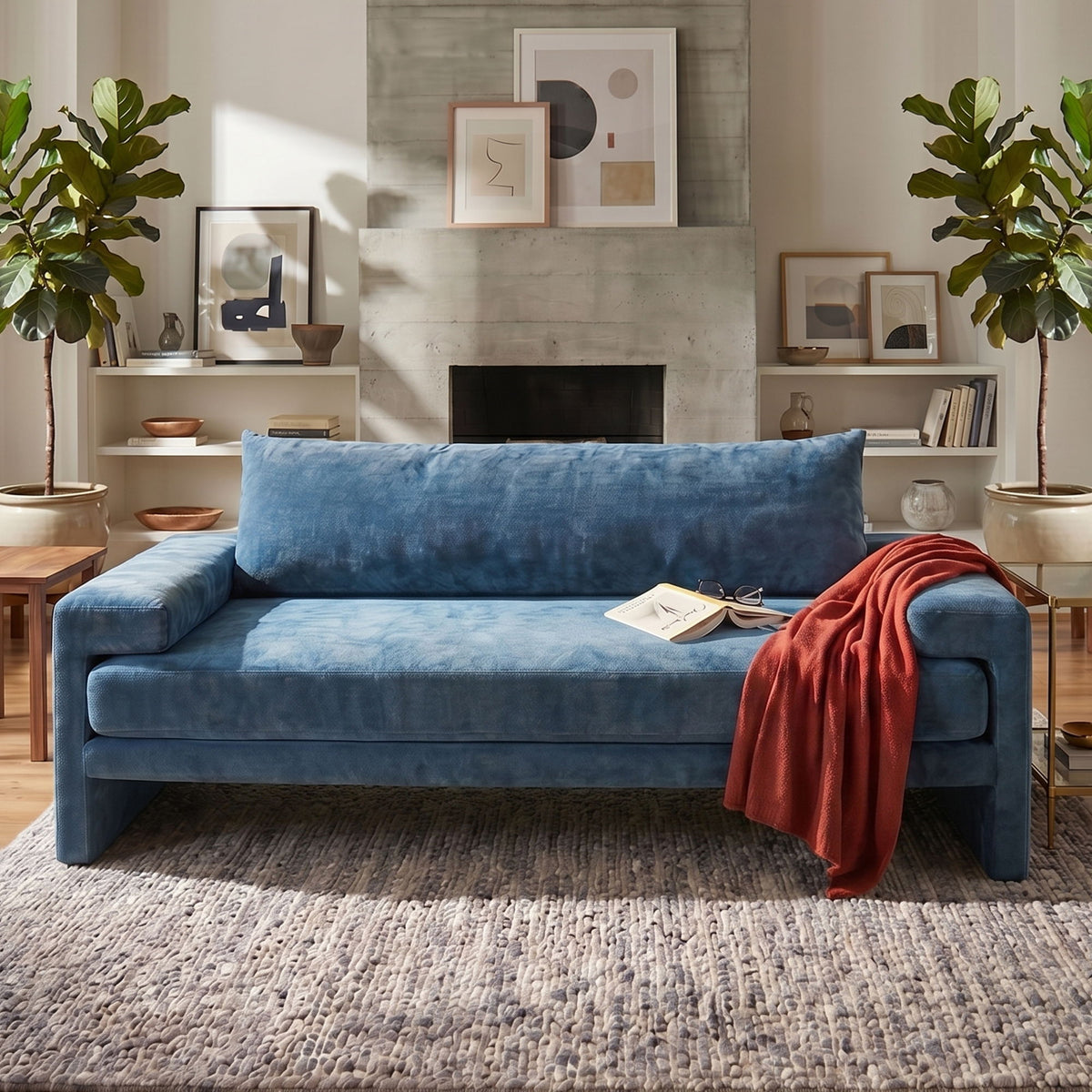 Blue upholstered 3-seater sofa with wide armrests, styled with red throw and cushions.