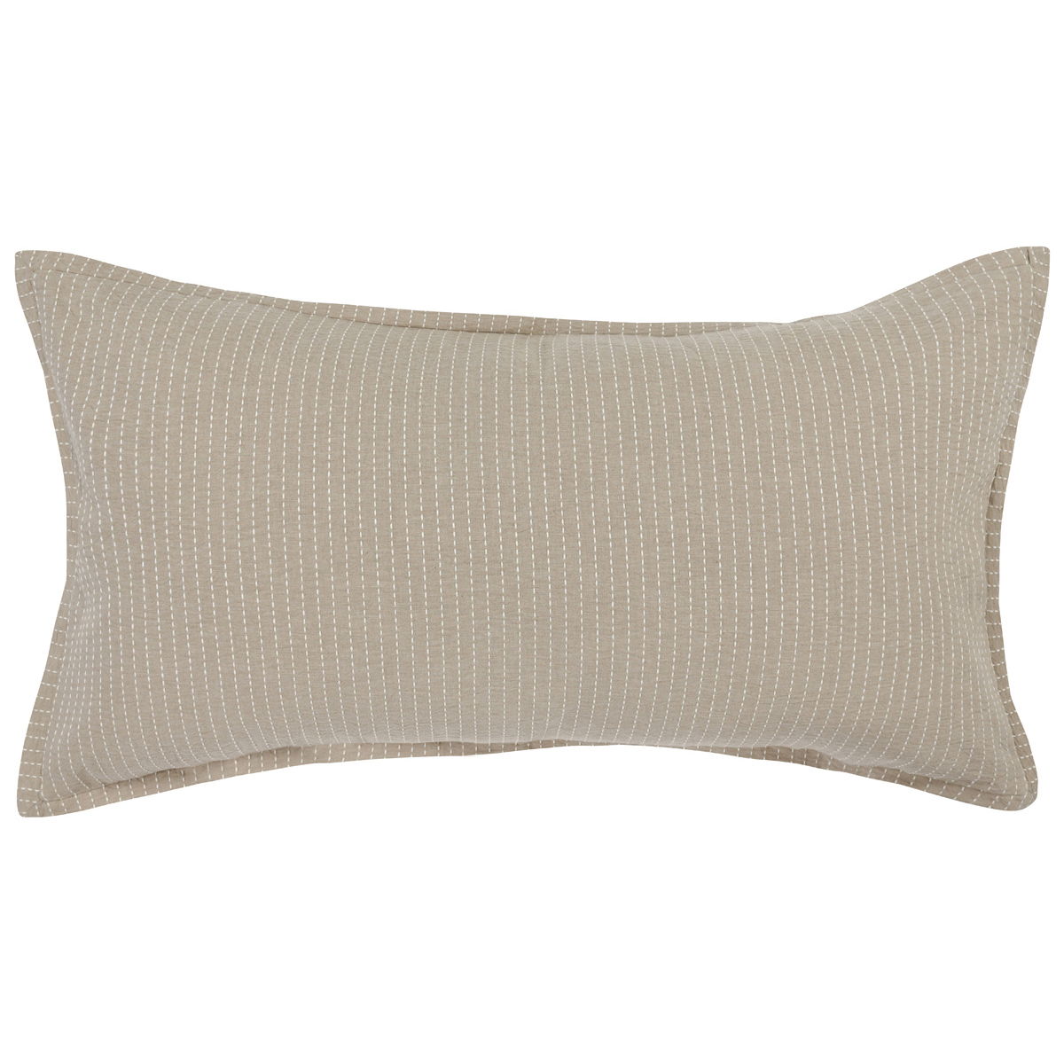 Rectangular natural beige pillow sham with fine vertical stripe pattern and stitched edge