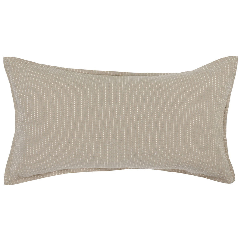 Rectangular natural beige pillow sham with fine vertical stripe pattern and stitched edge