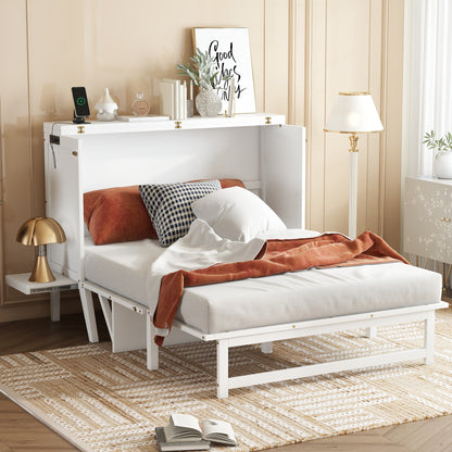 Full Size Murphy Bed with USB Port and Removable Shelves on Each Side, Solid Pine Murphy Cabinet Bed for Home Office, Guest Room, White