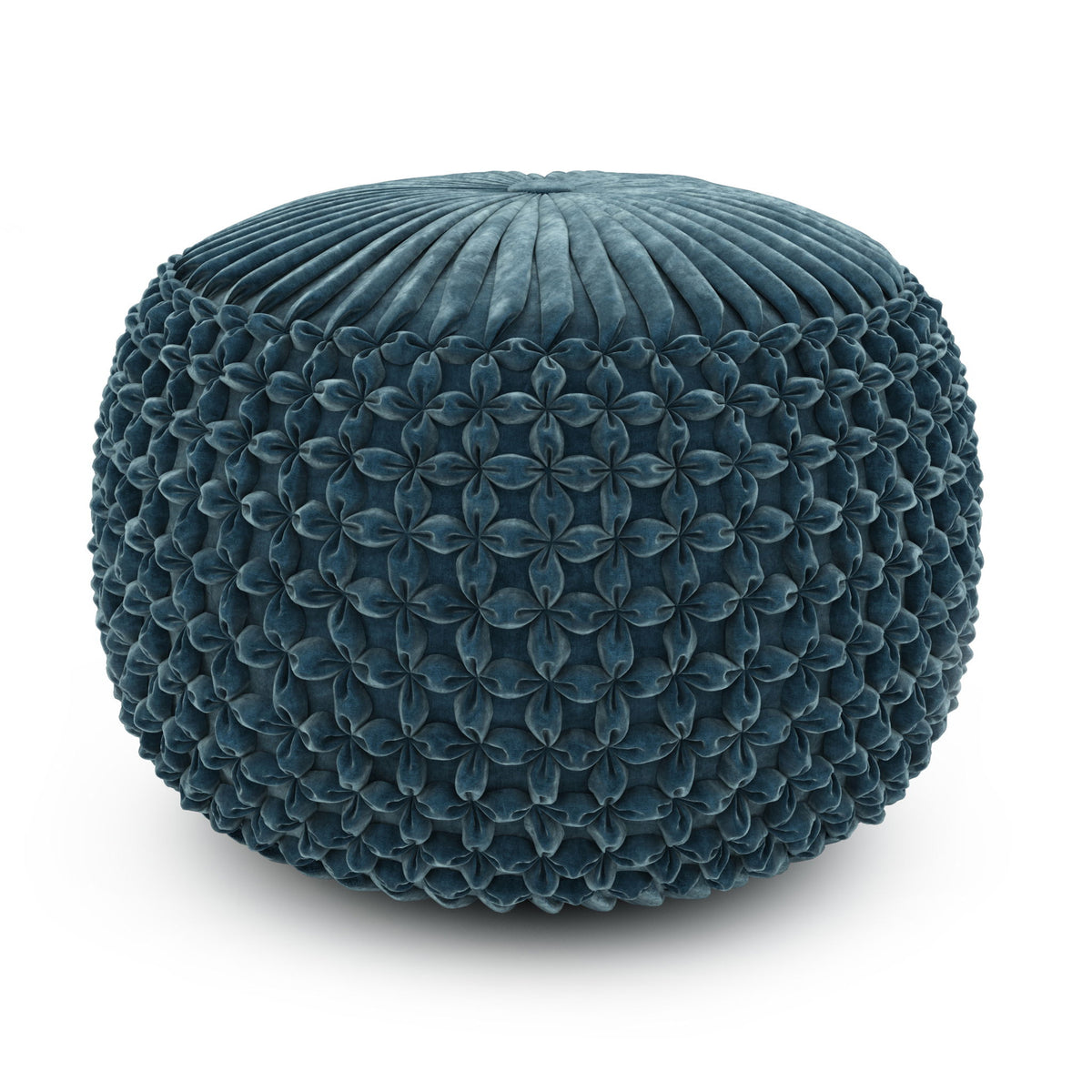 Teal round pouf with tufted rosette pattern and padded fabric upholstery