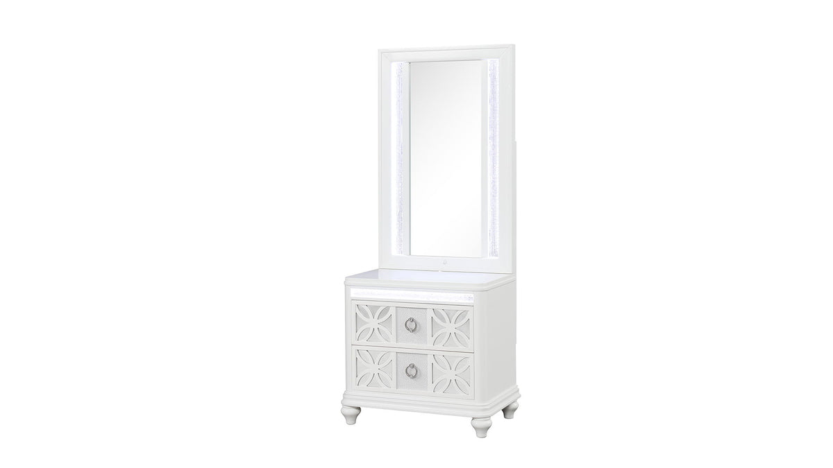 White LED vanity mirror mounted on ornate drawer cabinet base.