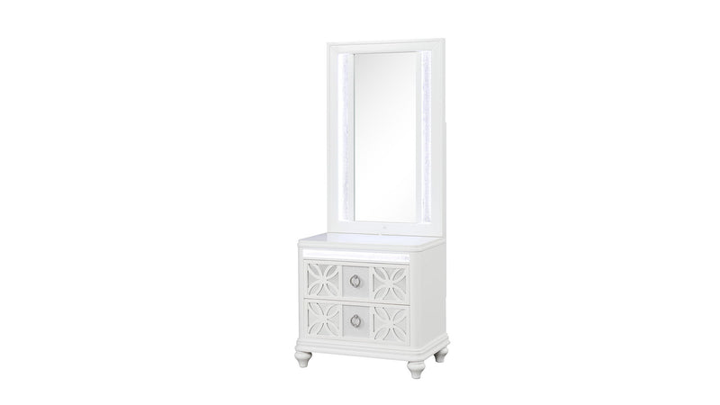 White LED vanity mirror mounted on ornate drawer cabinet base.