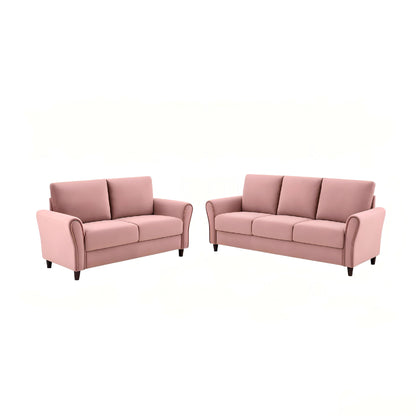 Pink 2-piece sofa set with loveseat and sofa, square arms, cushioned seats