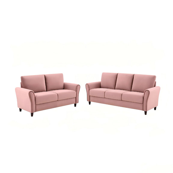 Pink 2-piece sofa set with loveseat and sofa, square arms, cushioned seats