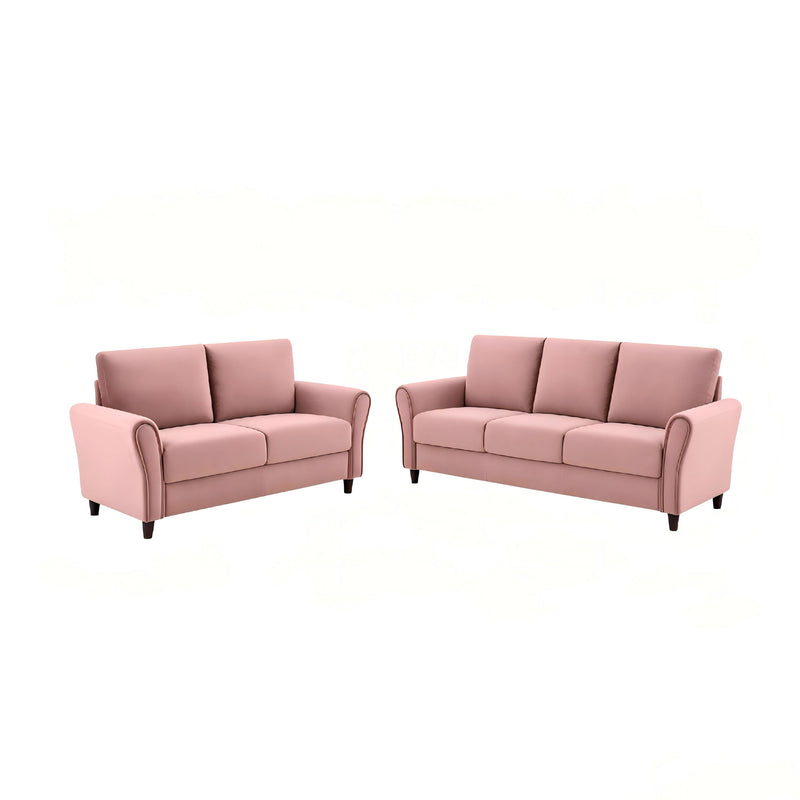 Pink 2-piece sofa set with loveseat and sofa, square arms, cushioned seats