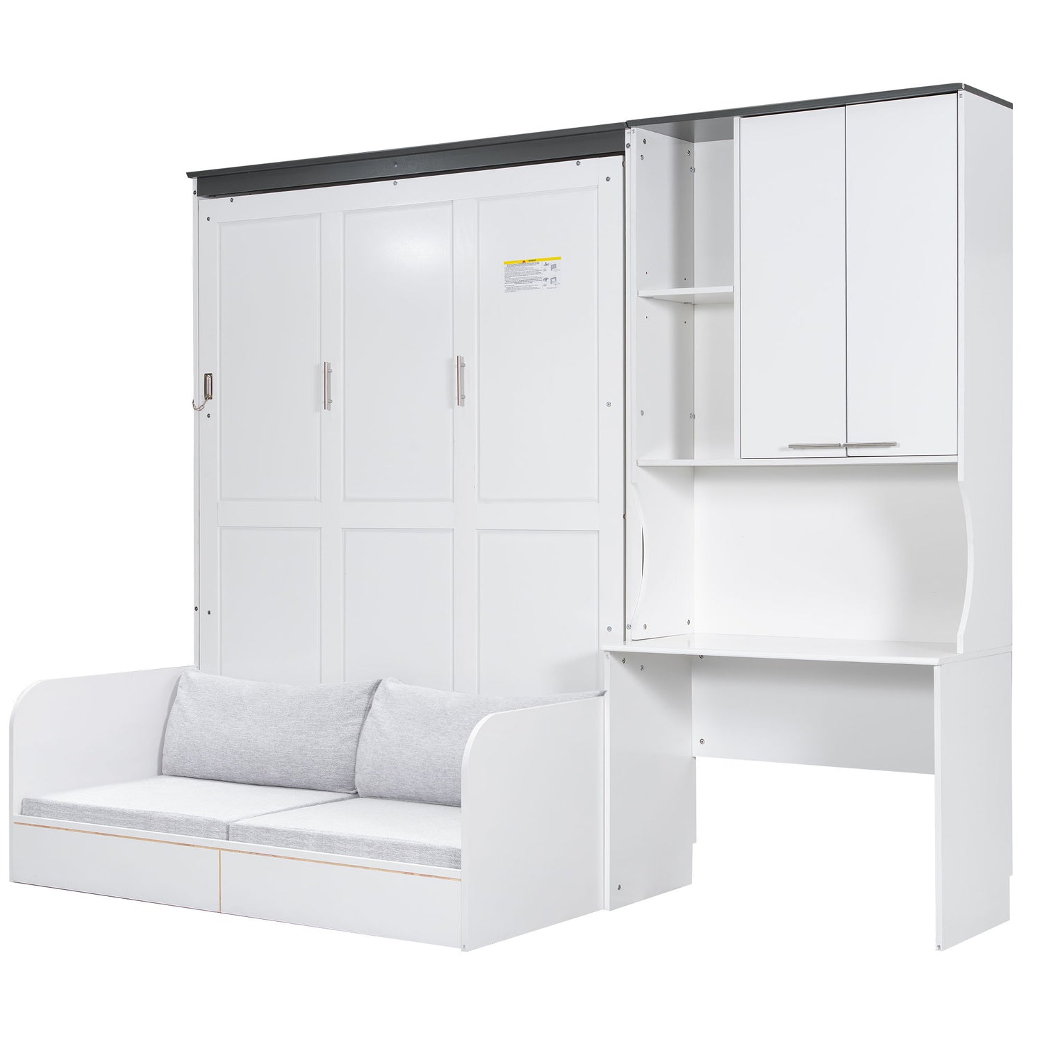 Multi Functional Murphy Bed With Sofa, Desk, And Storage Cabinet, Queen Size - White
