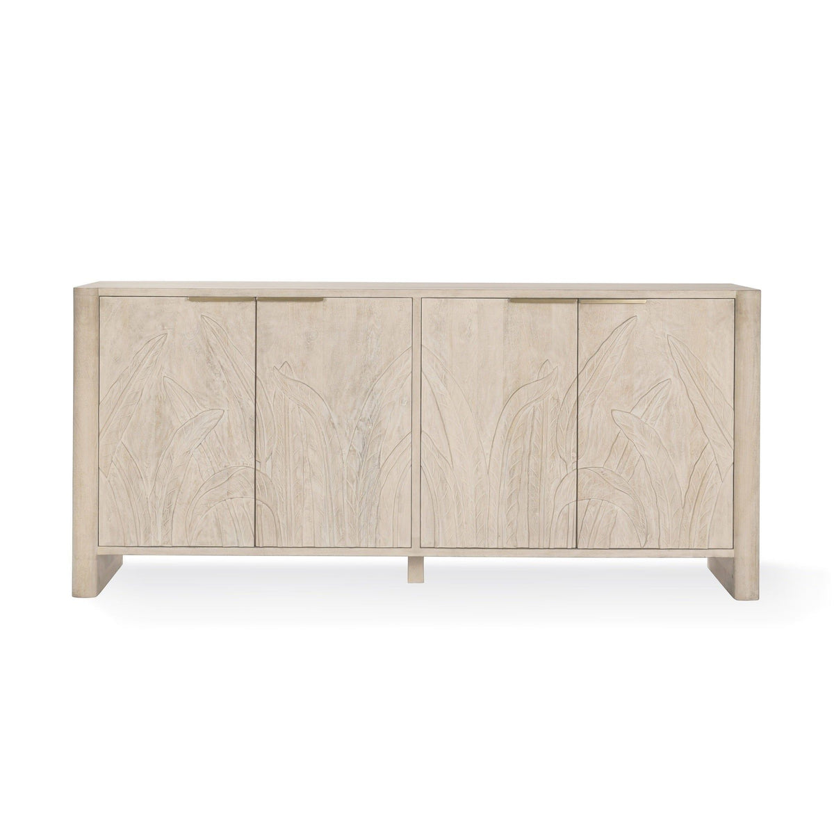 White wash wood 4-door buffet cabinet, front view, carved leaf panel doors