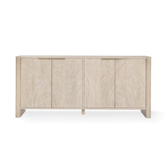 White wash wood 4-door buffet cabinet, front view, carved leaf panel doors