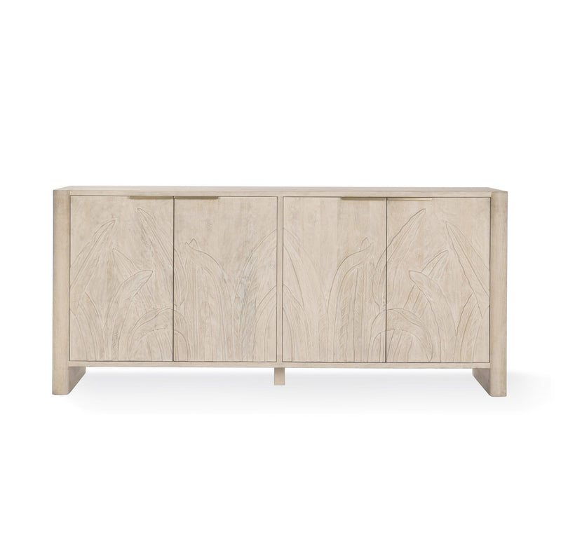 White wash wood 4-door buffet cabinet, front view, carved leaf panel doors