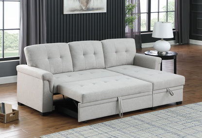 Light gray reversible sleeper sectional sofa with storage chaise and tufted back cushions