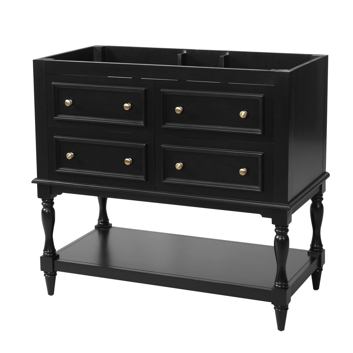 Black bathroom vanity cabinet with four drawers and gold knobs, open top compartments