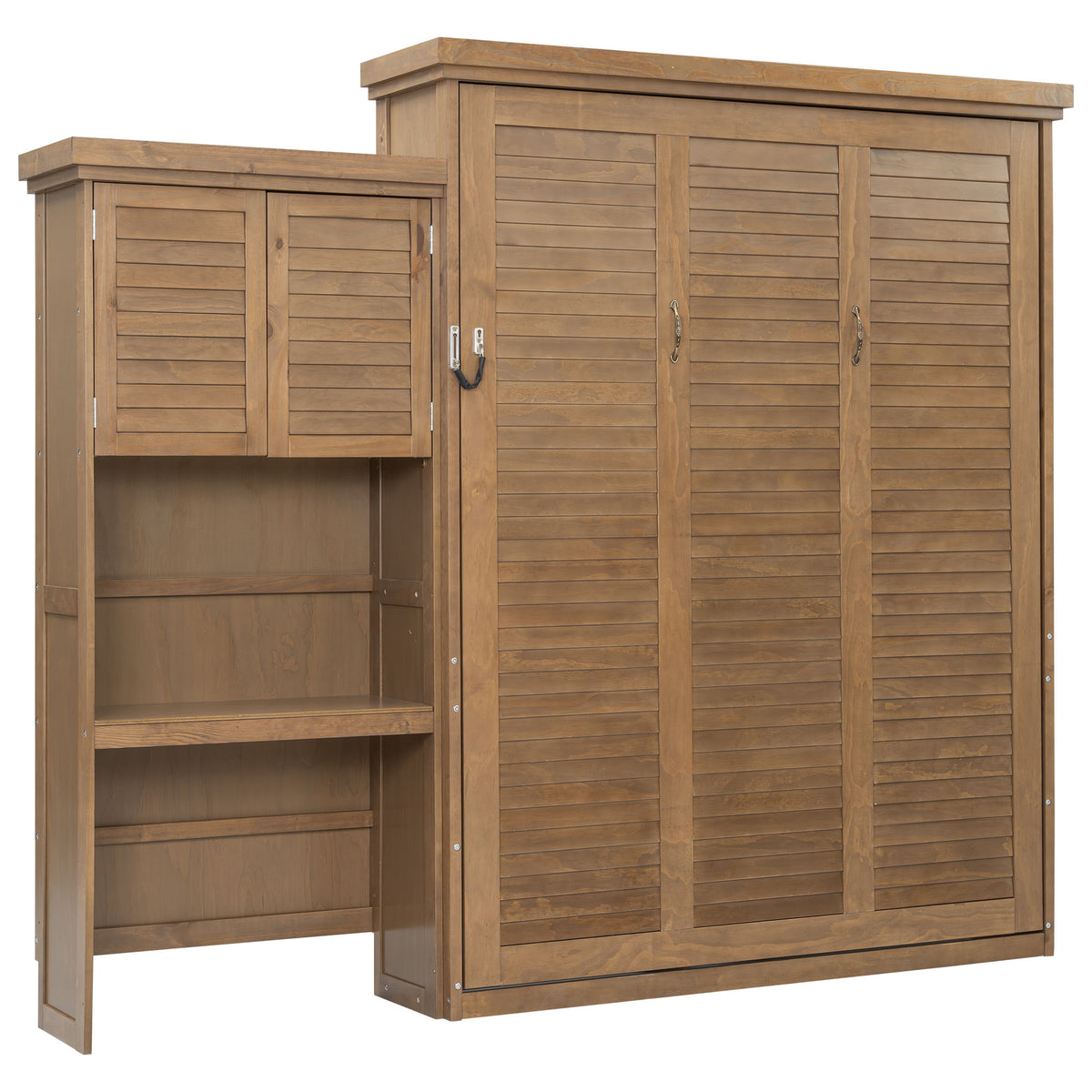 Queen Size Murphy Bed With Louvered Design And Multiple Storage Shelves - Wood