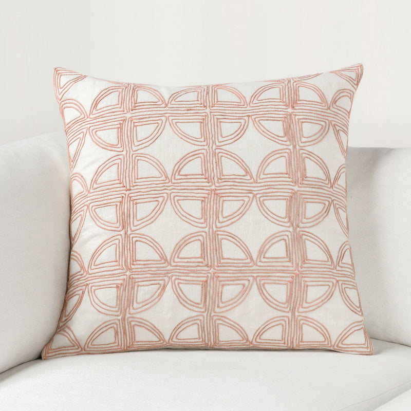 22 x 22 in ivory pillow with blush geometric pattern, square cushion front view